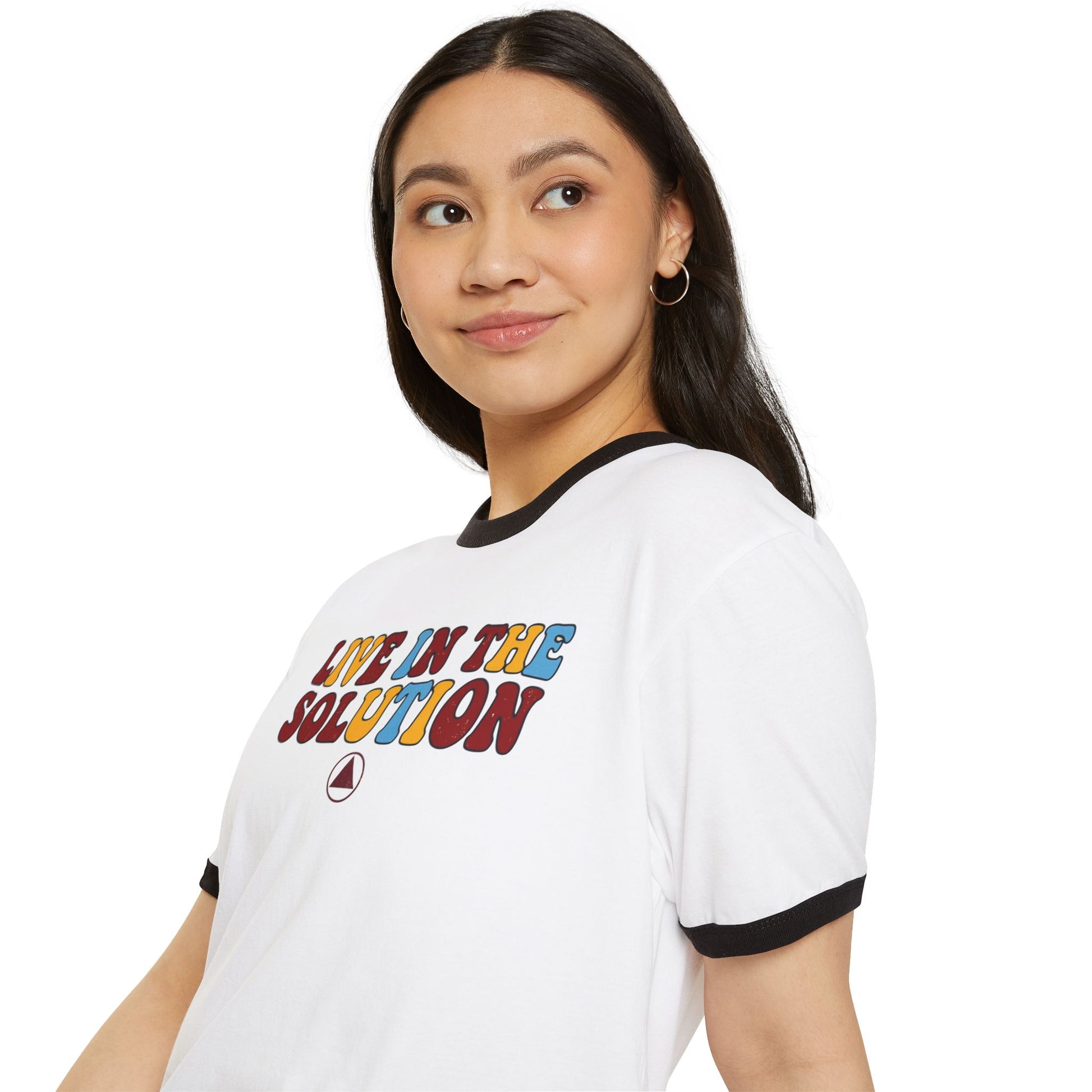 Ringer T-Shirt — "Live in the Solution" Retro Graphic with "Just Today" Back | Amends Apparel Co