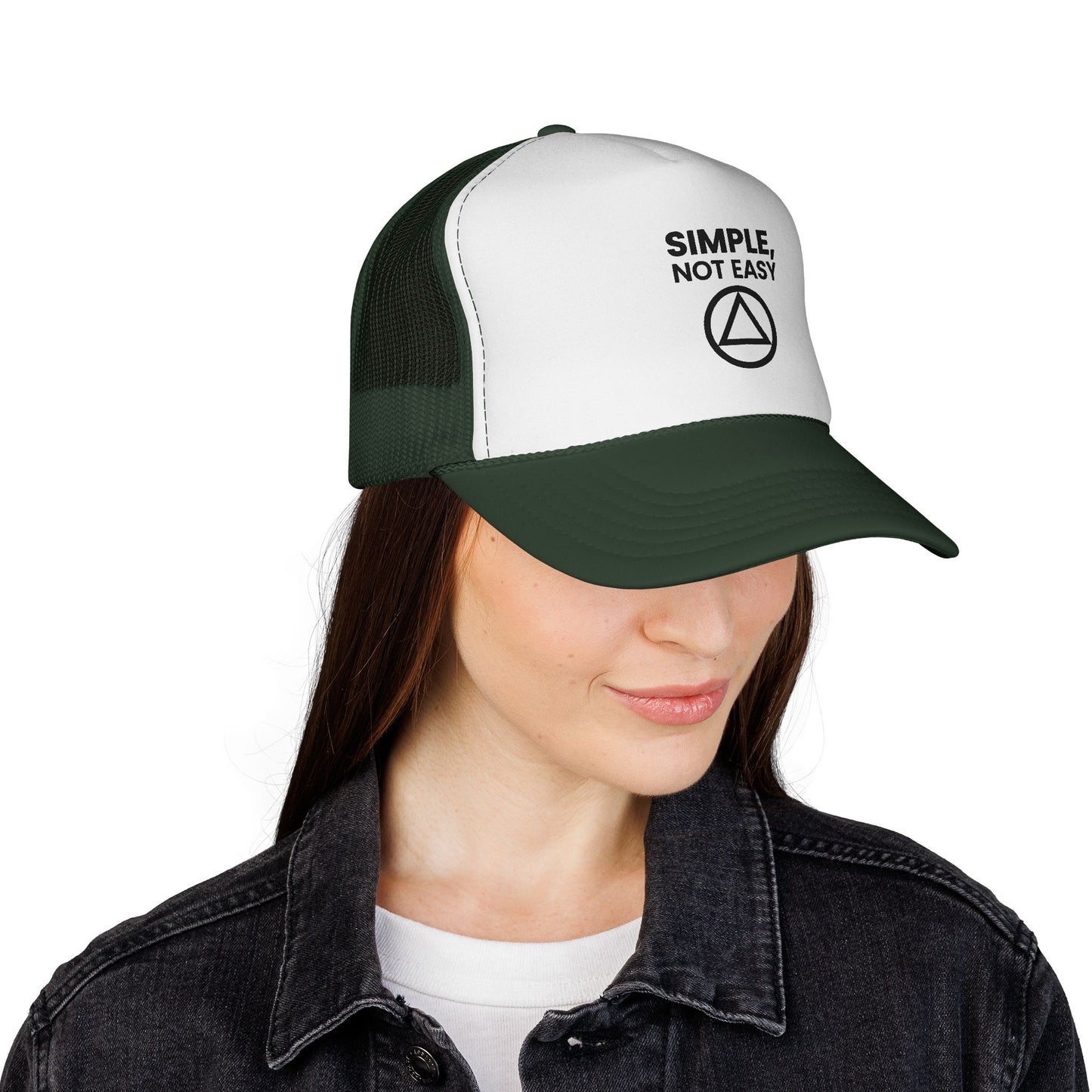 Trucker Cap — "SIMPLE, NOT EASY" Above a Classic Recovery Symbol