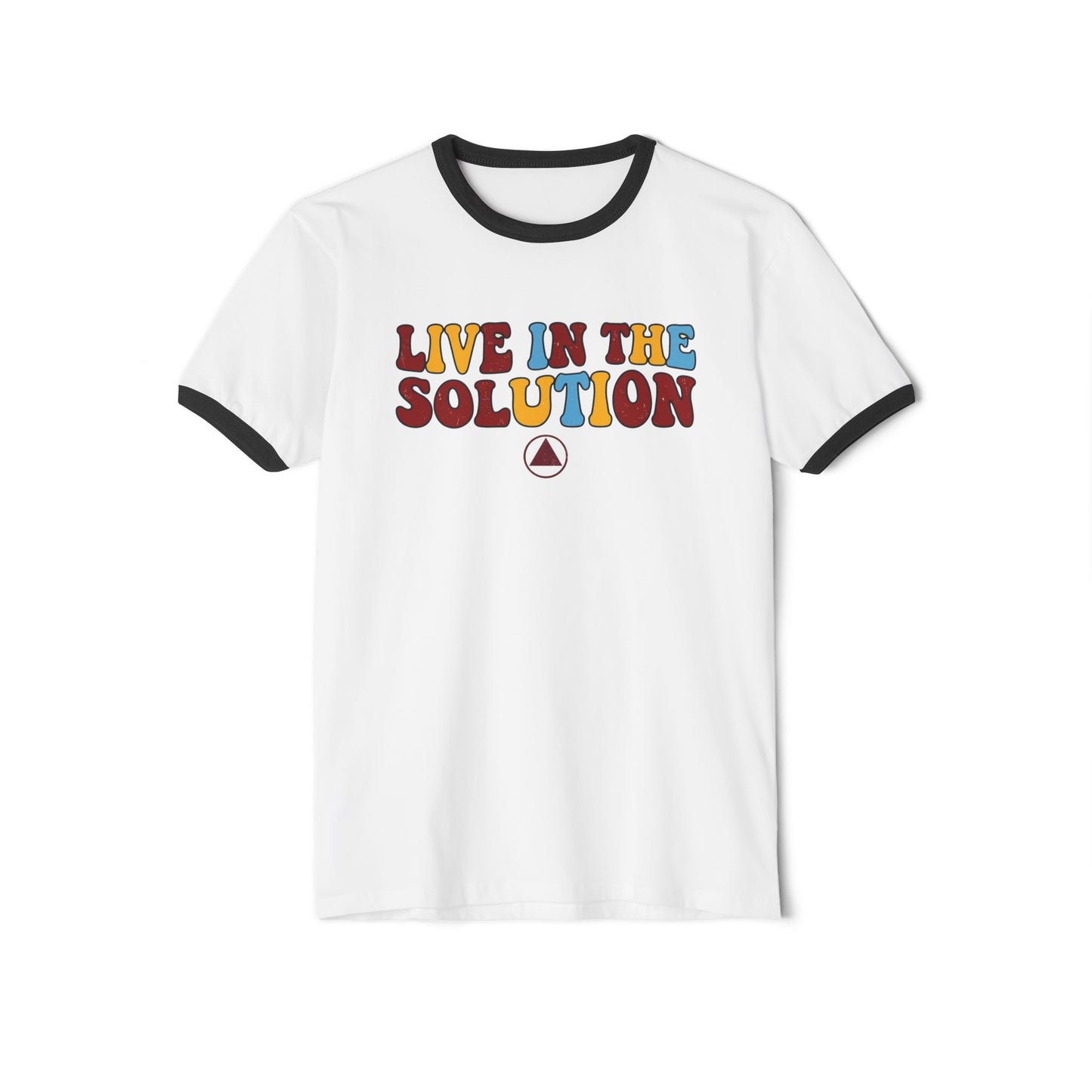 Ringer T-Shirt — "Live in the Solution" Retro Graphic with "Just Today" Back | Amends Apparel Co