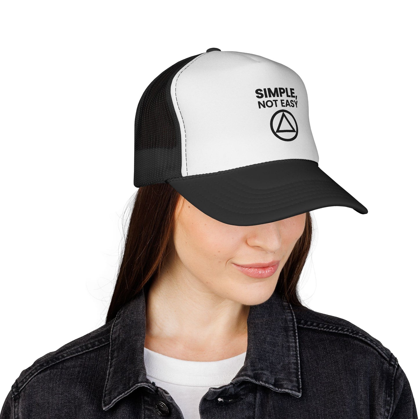 Trucker Cap — "SIMPLE, NOT EASY" Above a Classic Recovery Symbol