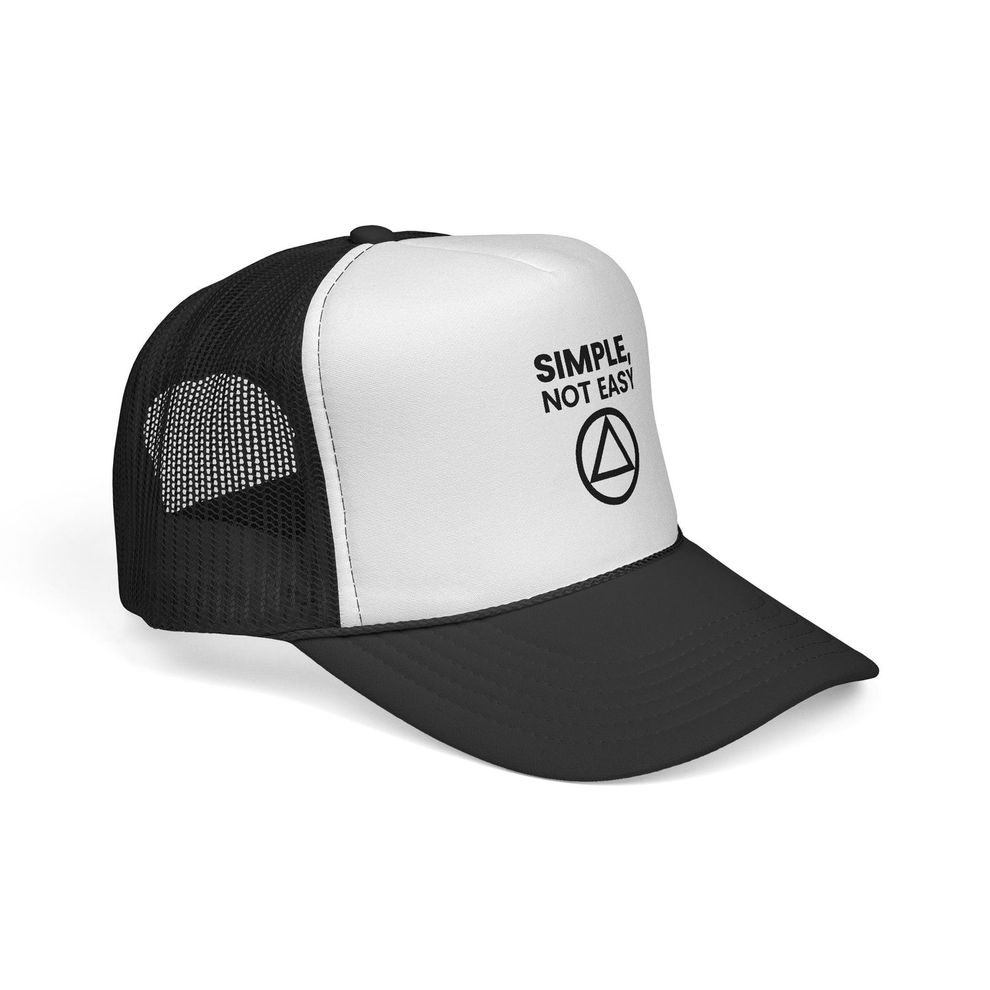 Trucker Cap — "SIMPLE, NOT EASY" Above a Classic Recovery Symbol