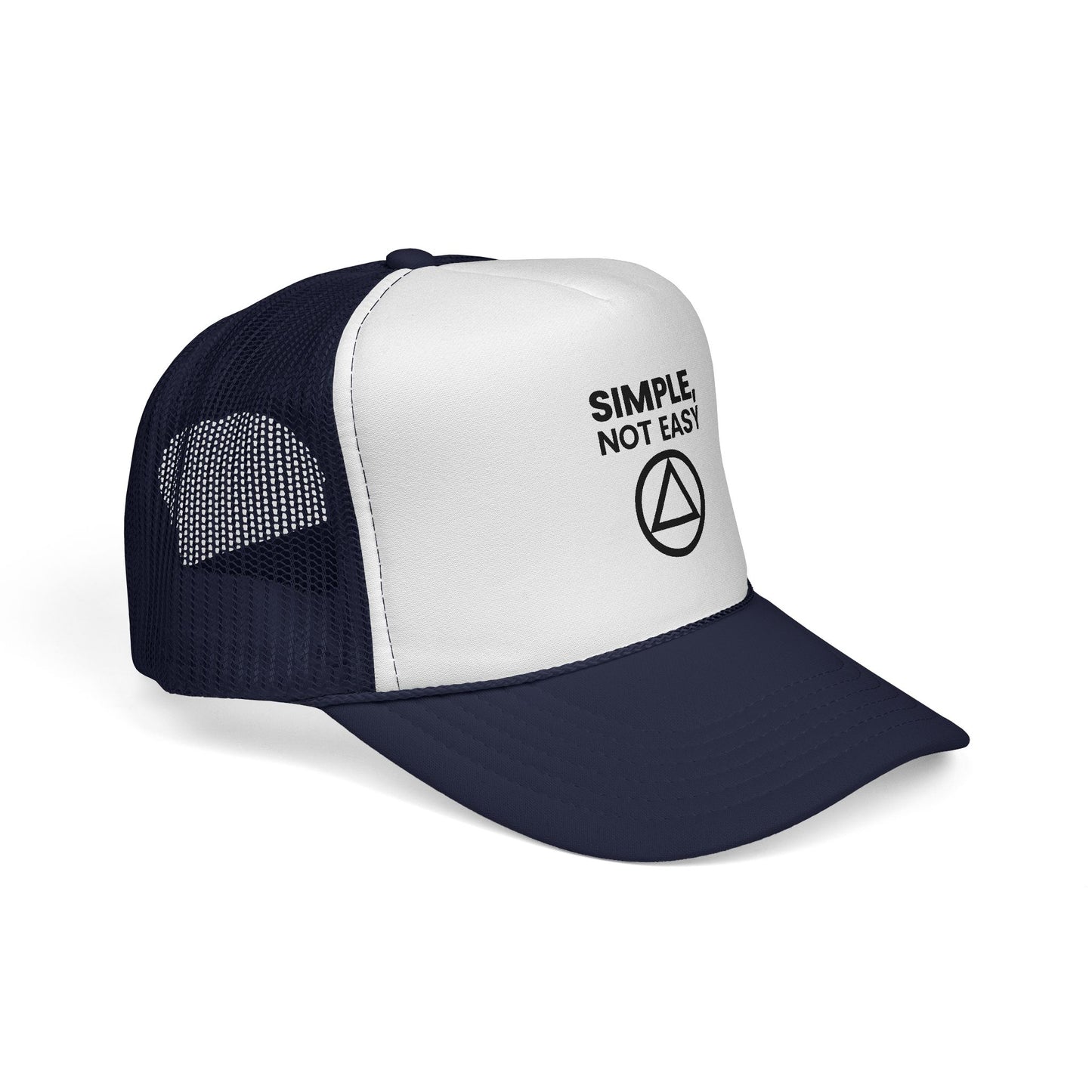 Trucker Cap — "SIMPLE, NOT EASY" Above a Classic Recovery Symbol