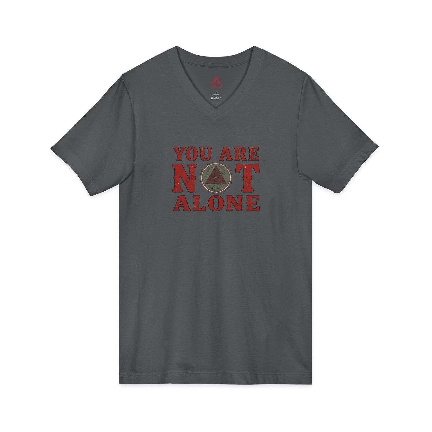 You Are Not Alone V-Neck Tee — Mental Health Awareness Shirt (Back: Just For Today)