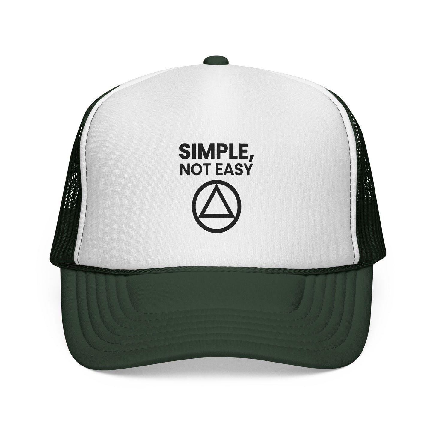 Trucker Cap — "SIMPLE, NOT EASY" Above a Classic Recovery Symbol