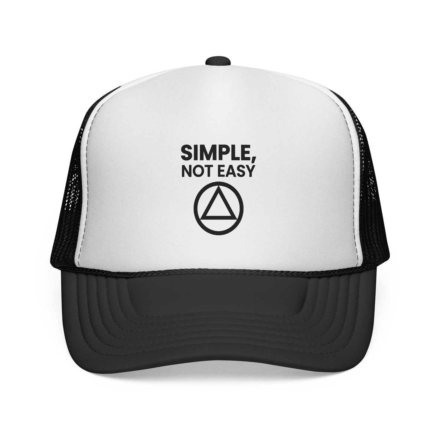 Trucker Cap — "SIMPLE, NOT EASY" Above a Classic Recovery Symbol