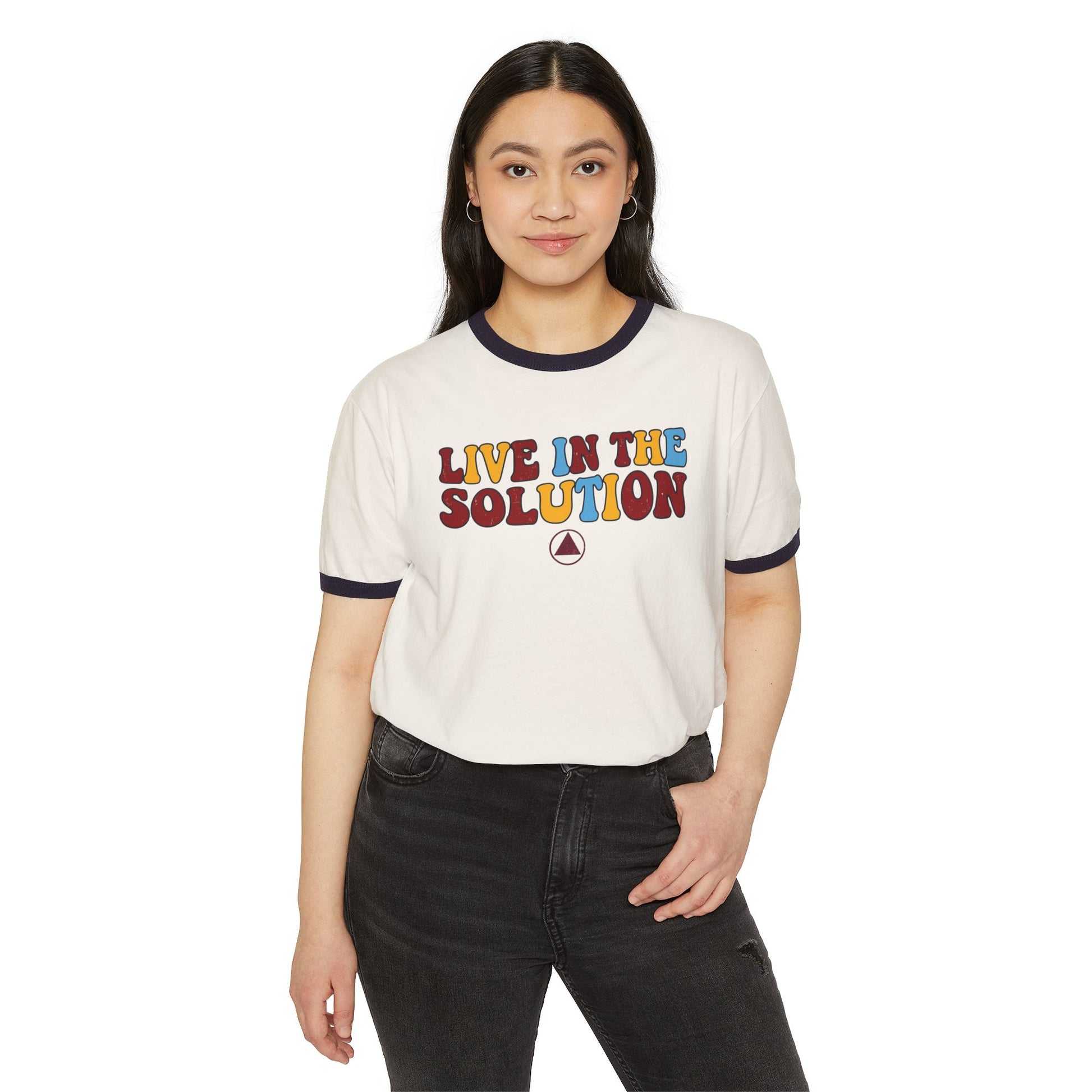 Ringer T-Shirt — "Live in the Solution" Retro Graphic with "Just Today" Back | Amends Apparel Co