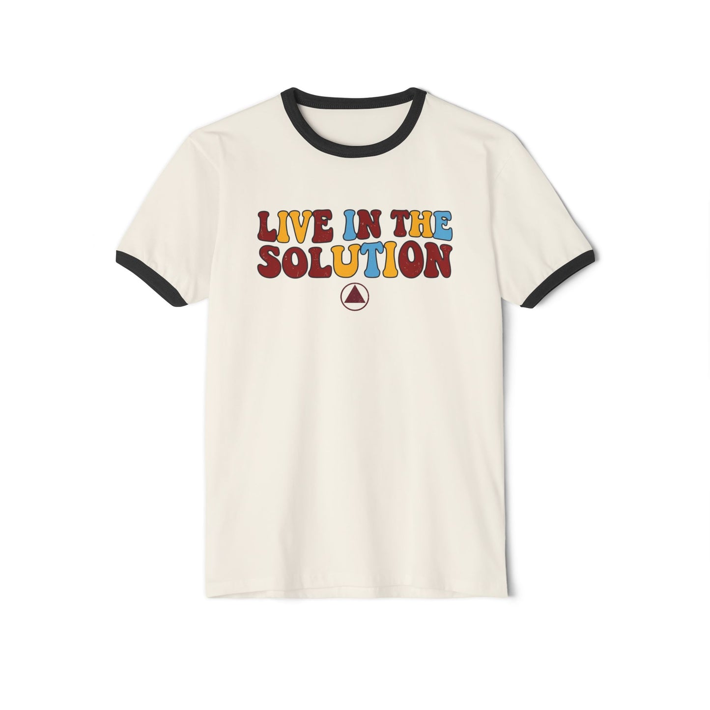 Ringer T-Shirt — "Live in the Solution" Retro Graphic with "Just Today" Back | Amends Apparel Co