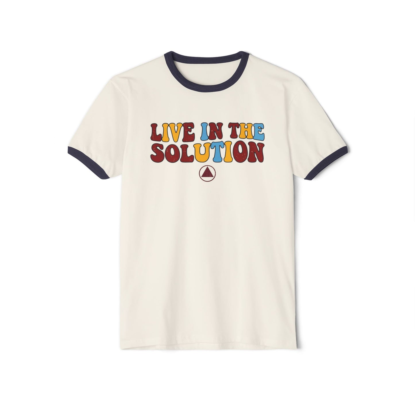 Ringer T-Shirt — "Live in the Solution" Retro Graphic with "Just Today" Back | Amends Apparel Co