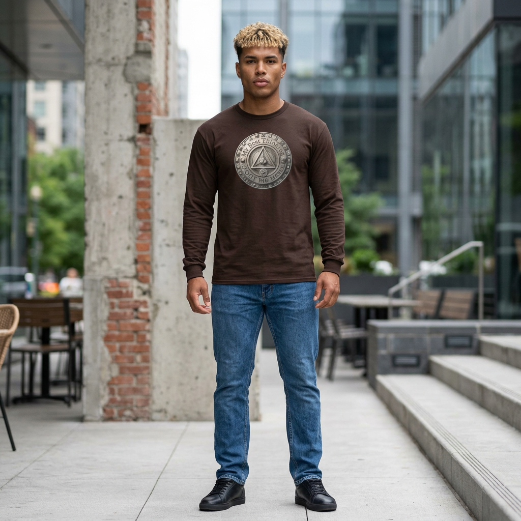 Long Sleeve Tee — "My Best Thinking Got Me Here" Recovery Coin Design (Back: Just Today) | Amends Apparel Co