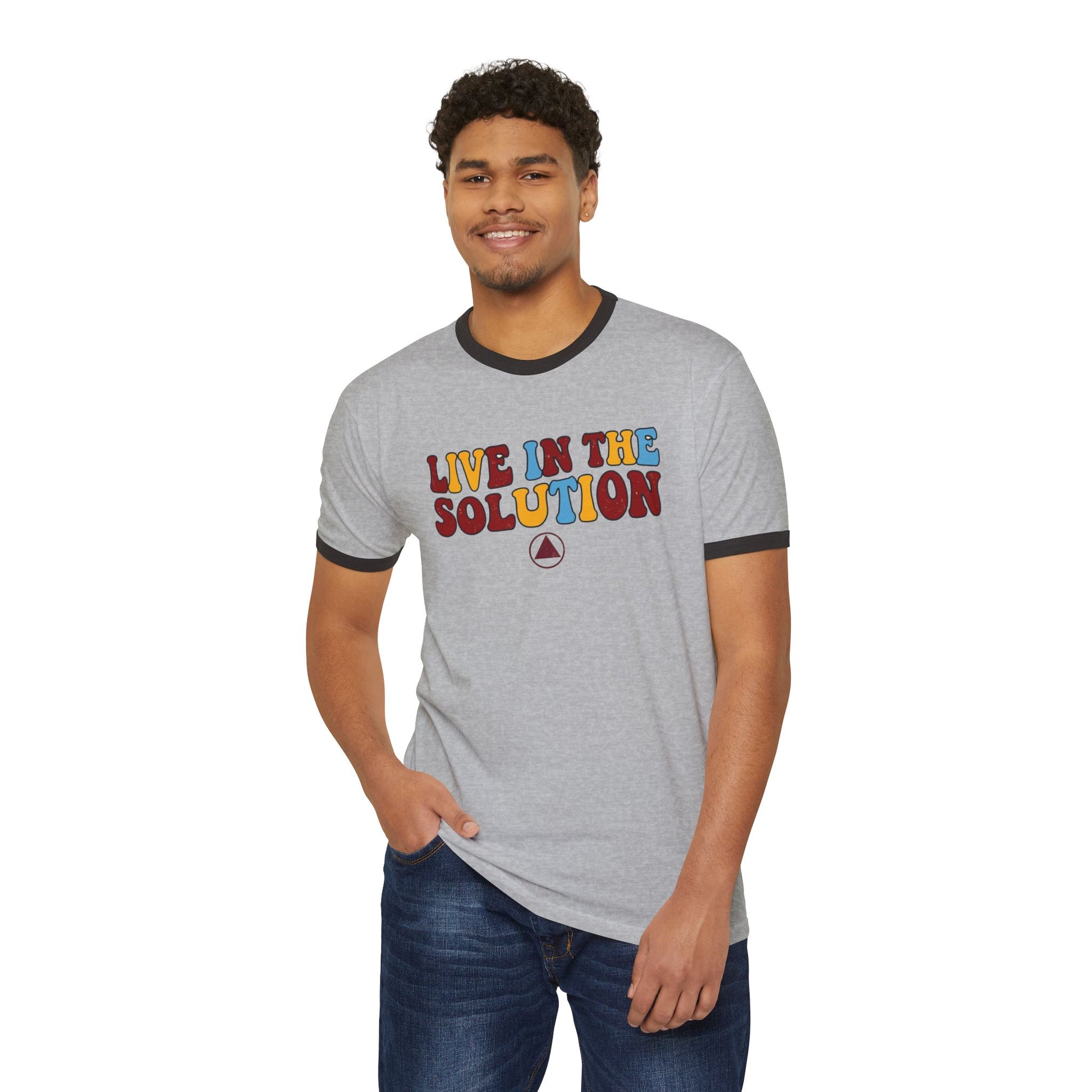 Ringer T-Shirt — "Live in the Solution" Retro Graphic with "Just Today" Back | Amends Apparel Co