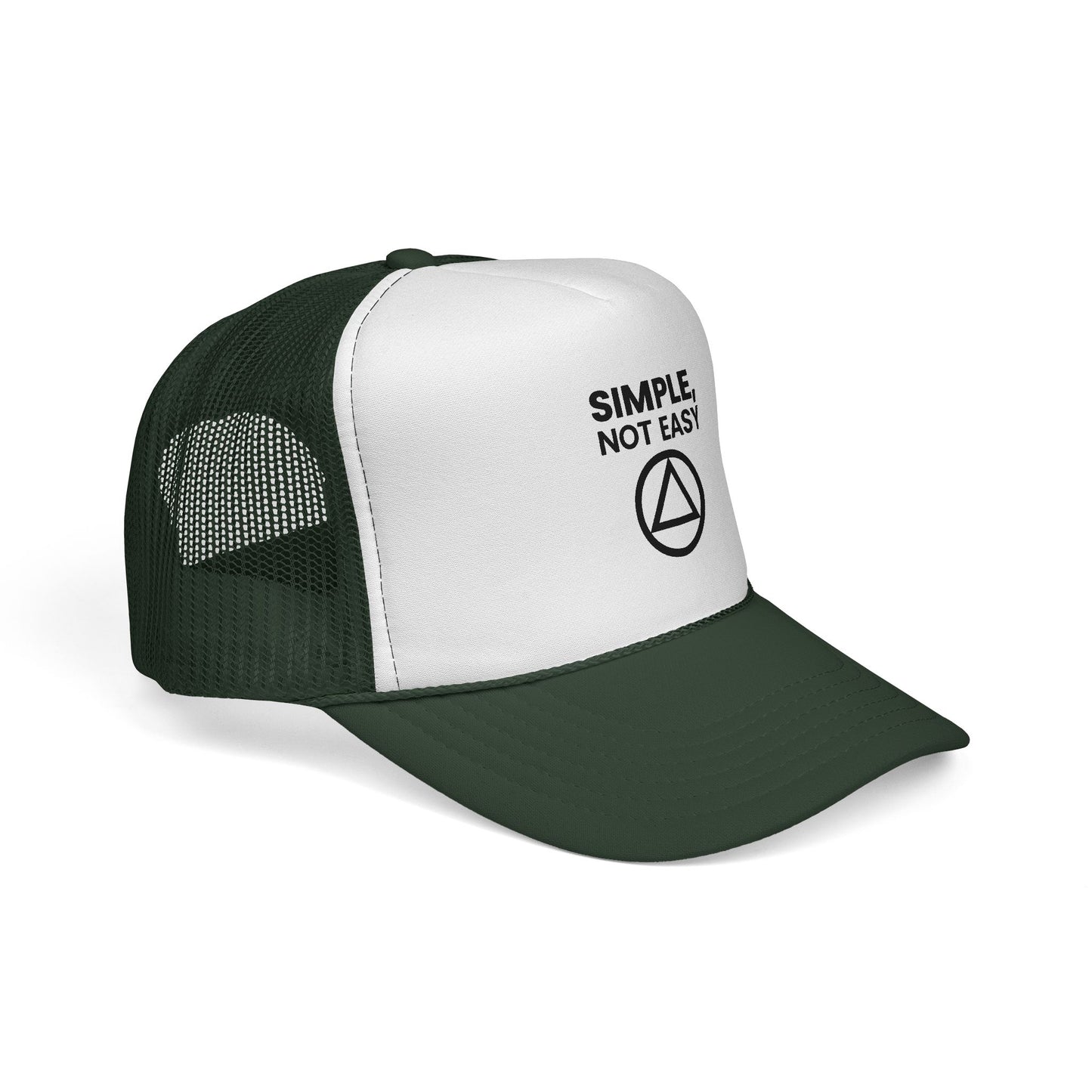 Trucker Cap — "SIMPLE, NOT EASY" Above a Classic Recovery Symbol