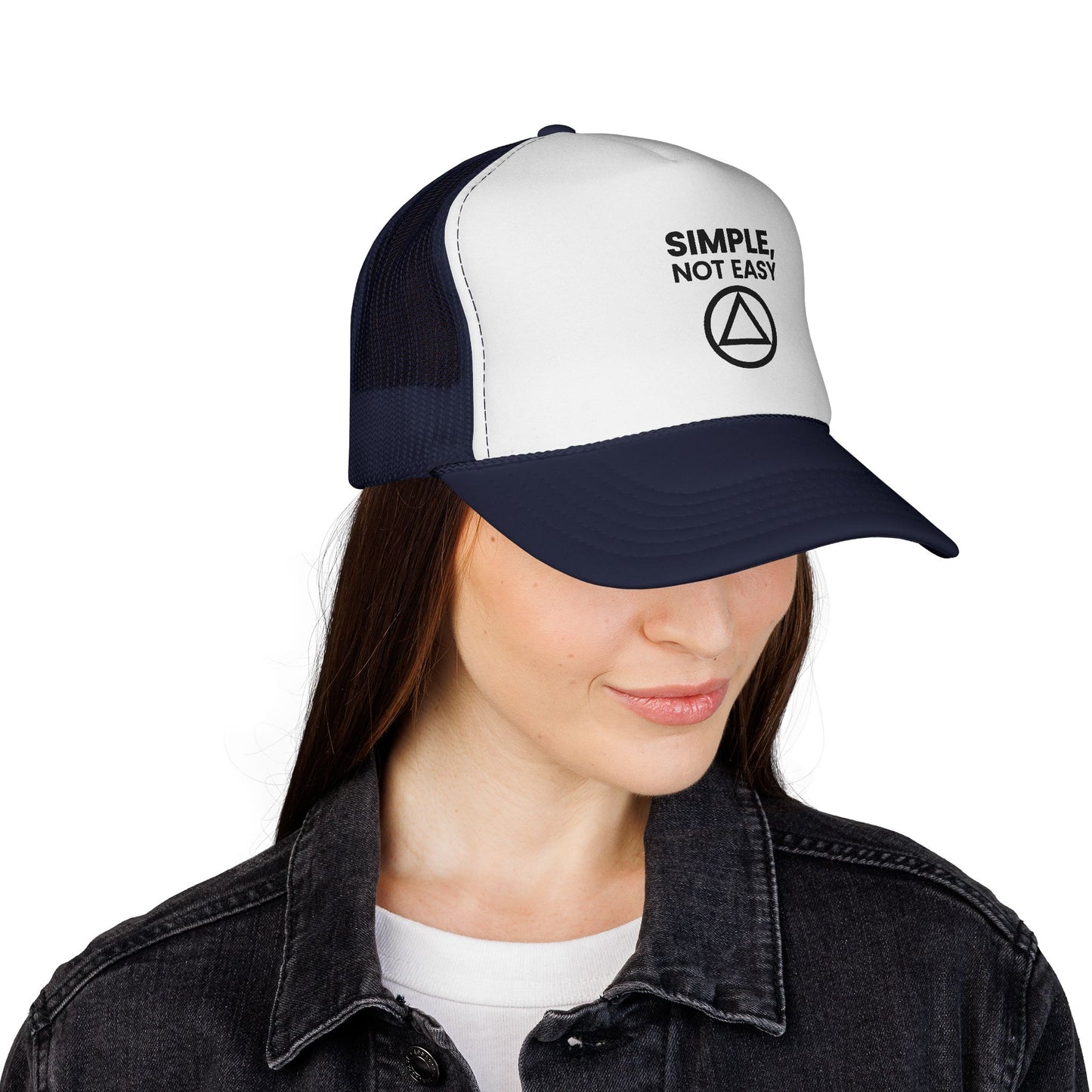 Trucker Cap — "SIMPLE, NOT EASY" Above a Classic Recovery Symbol