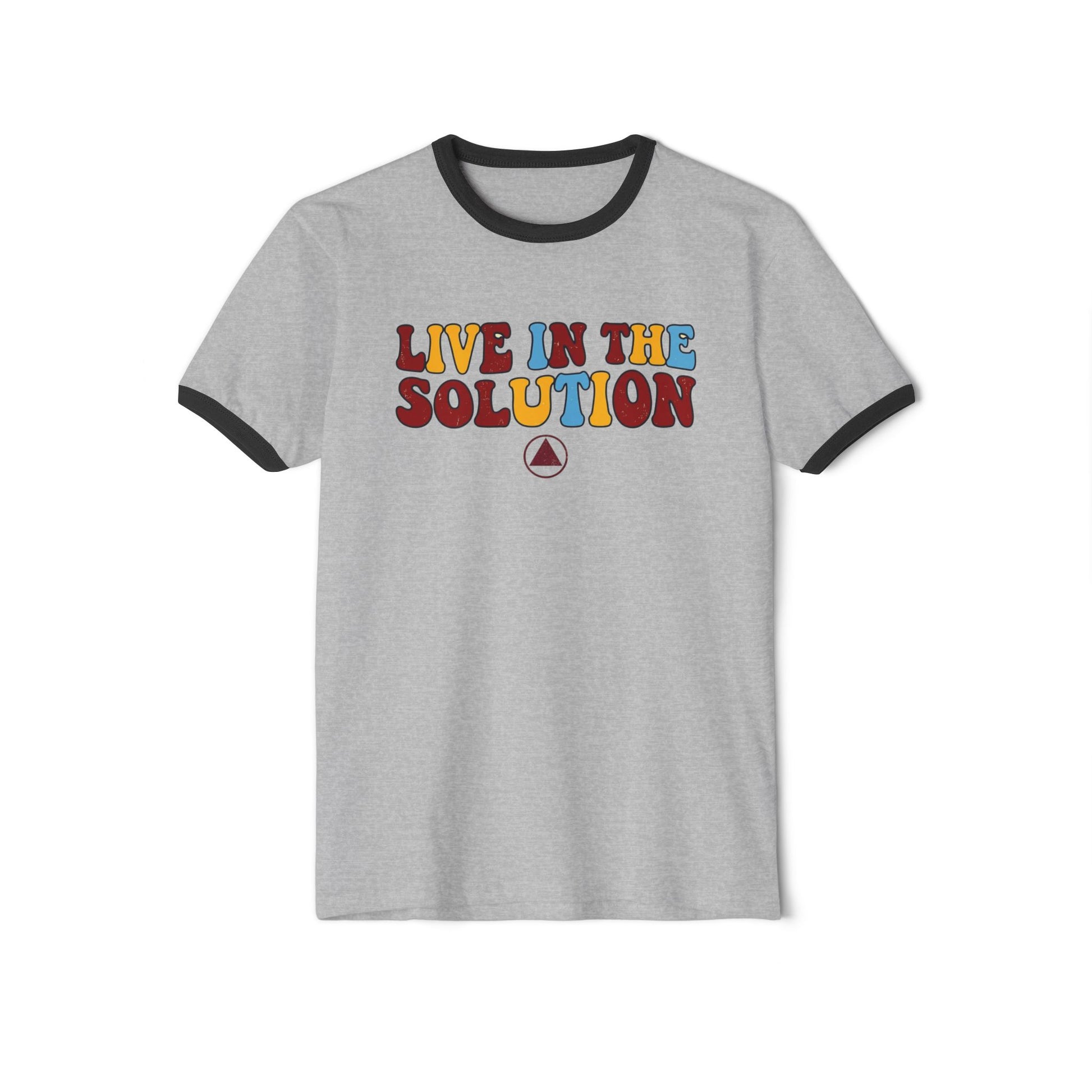 Ringer T-Shirt — "Live in the Solution" Retro Graphic with "Just Today" Back | Amends Apparel Co