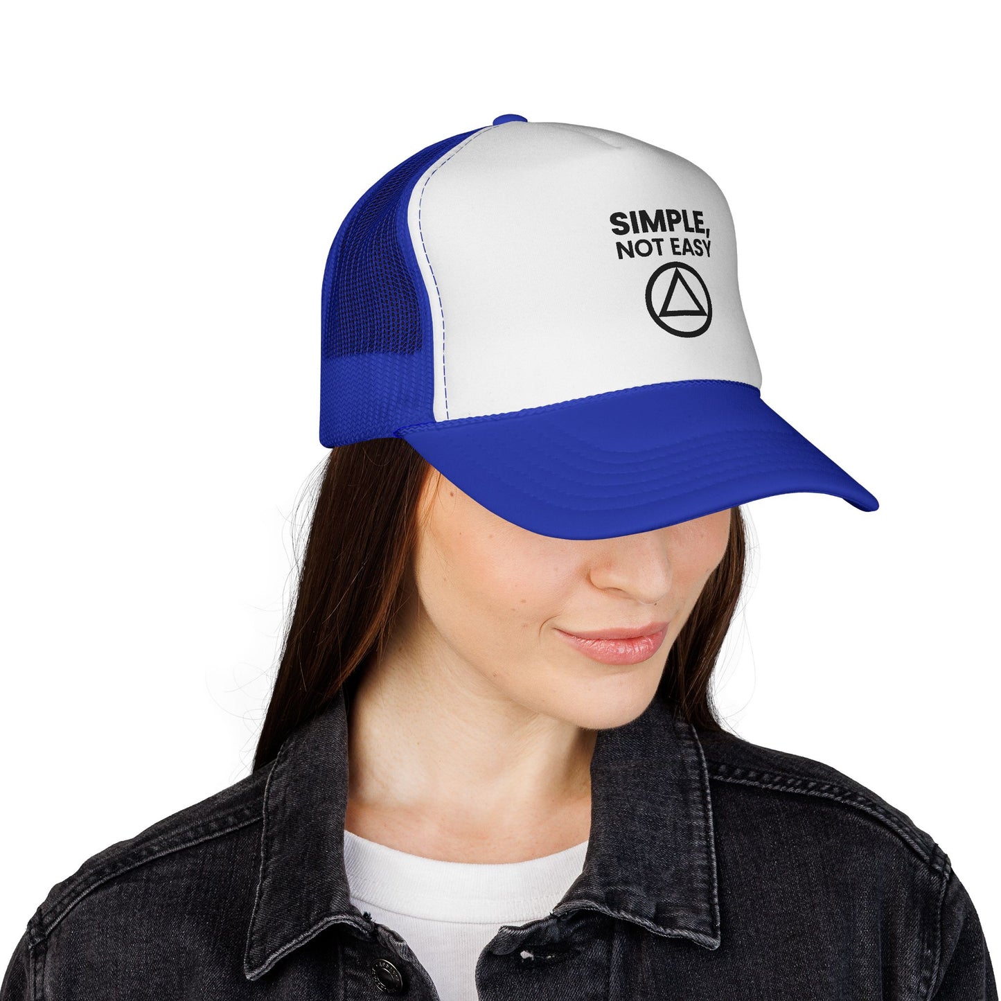 Trucker Cap — "SIMPLE, NOT EASY" Above a Classic Recovery Symbol