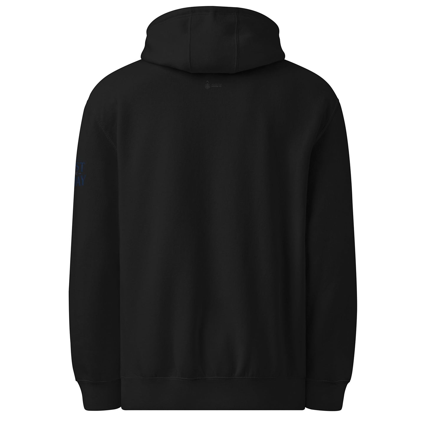 AmendsApparelCo black cotton-polyester blend hoodie with "Do the Next Right Thing" text on sleeve.