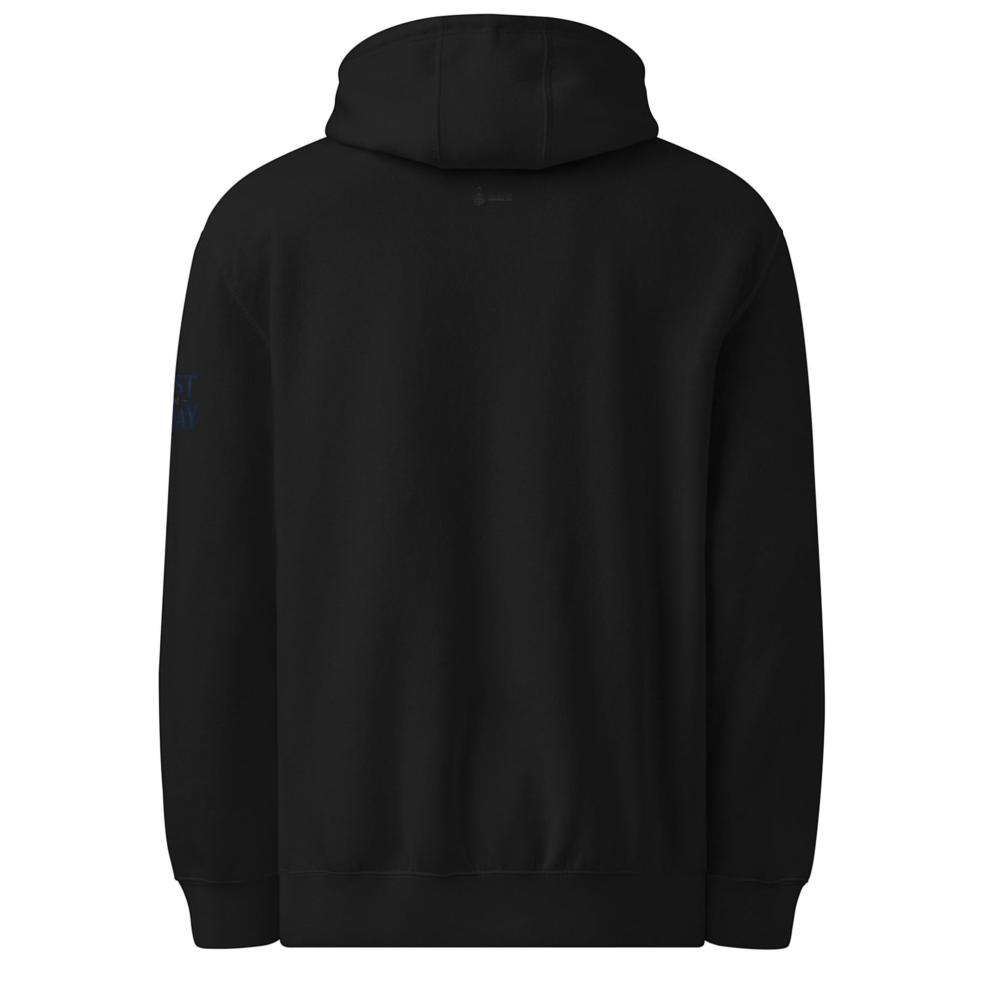 AmendsApparelCo black cotton-polyester blend hoodie with "Do the Next Right Thing" text on sleeve.