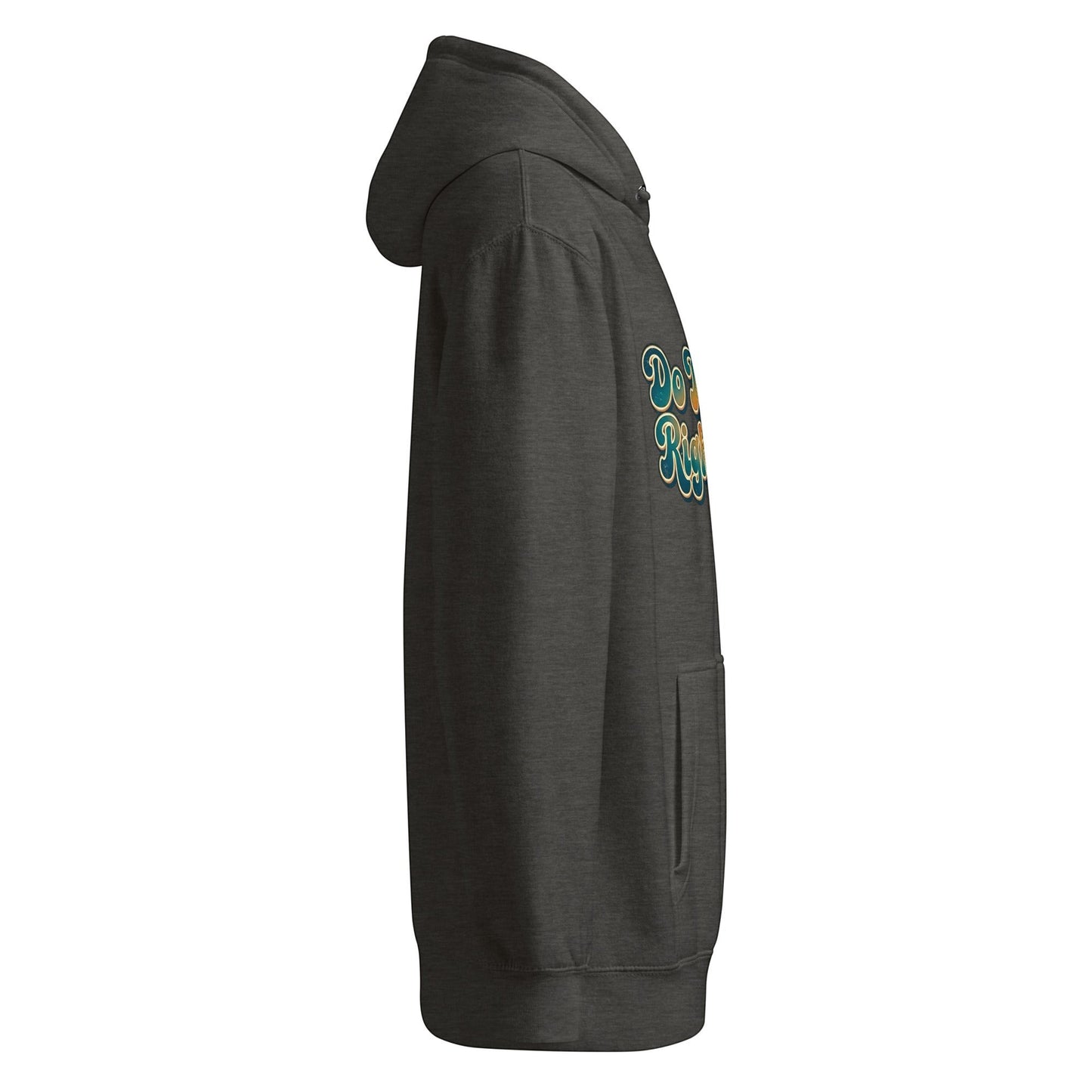 AmendsApparelCo dark charcoal grey hoodie with "Do the Next Right Thing" graphic print in retro font.