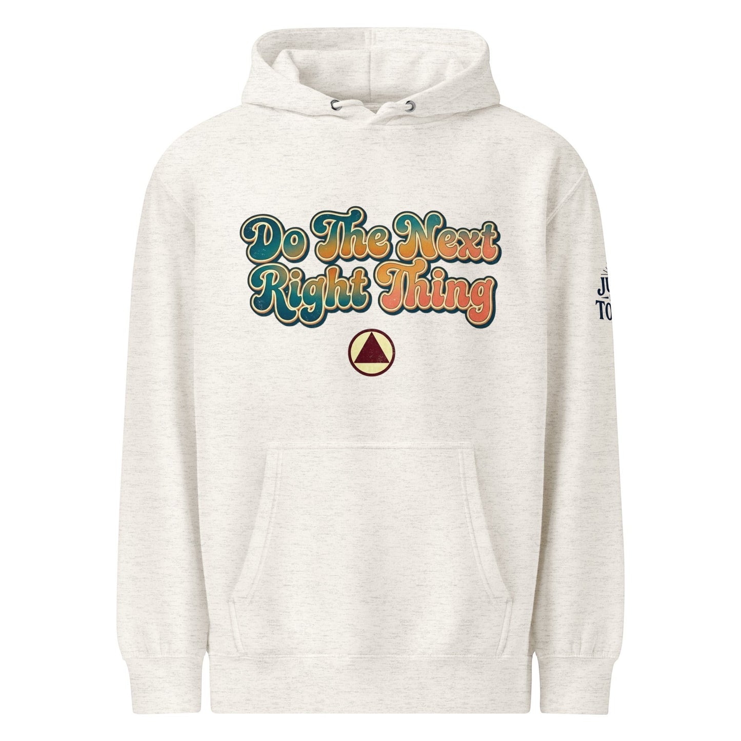 AmendsApparelCo heathered oatmeal unisex hoodie with "Do The Next Right Thing" graphic and triangle logo.