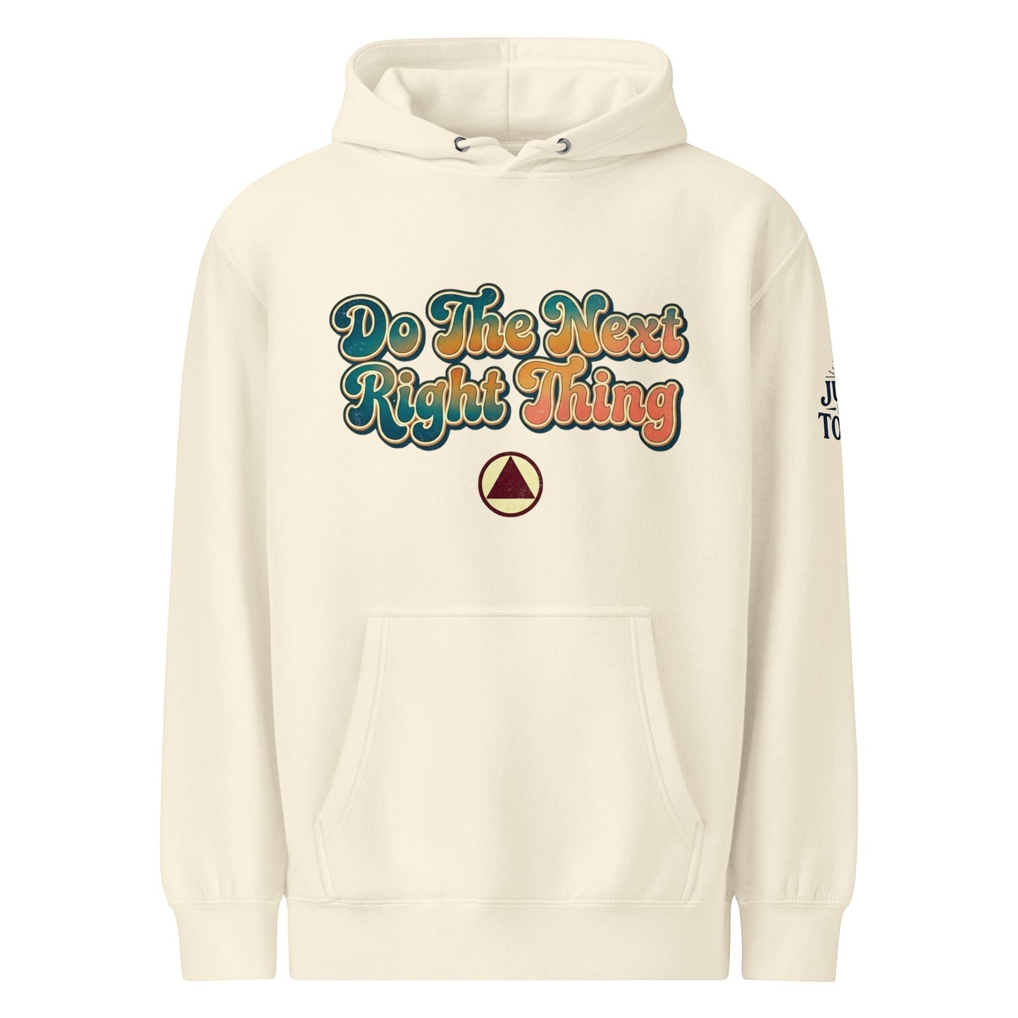 AmendsApparelCo cream cotton-polyester blend hoodie with "Do The Next Right Thing" graphic and a triangle logo.