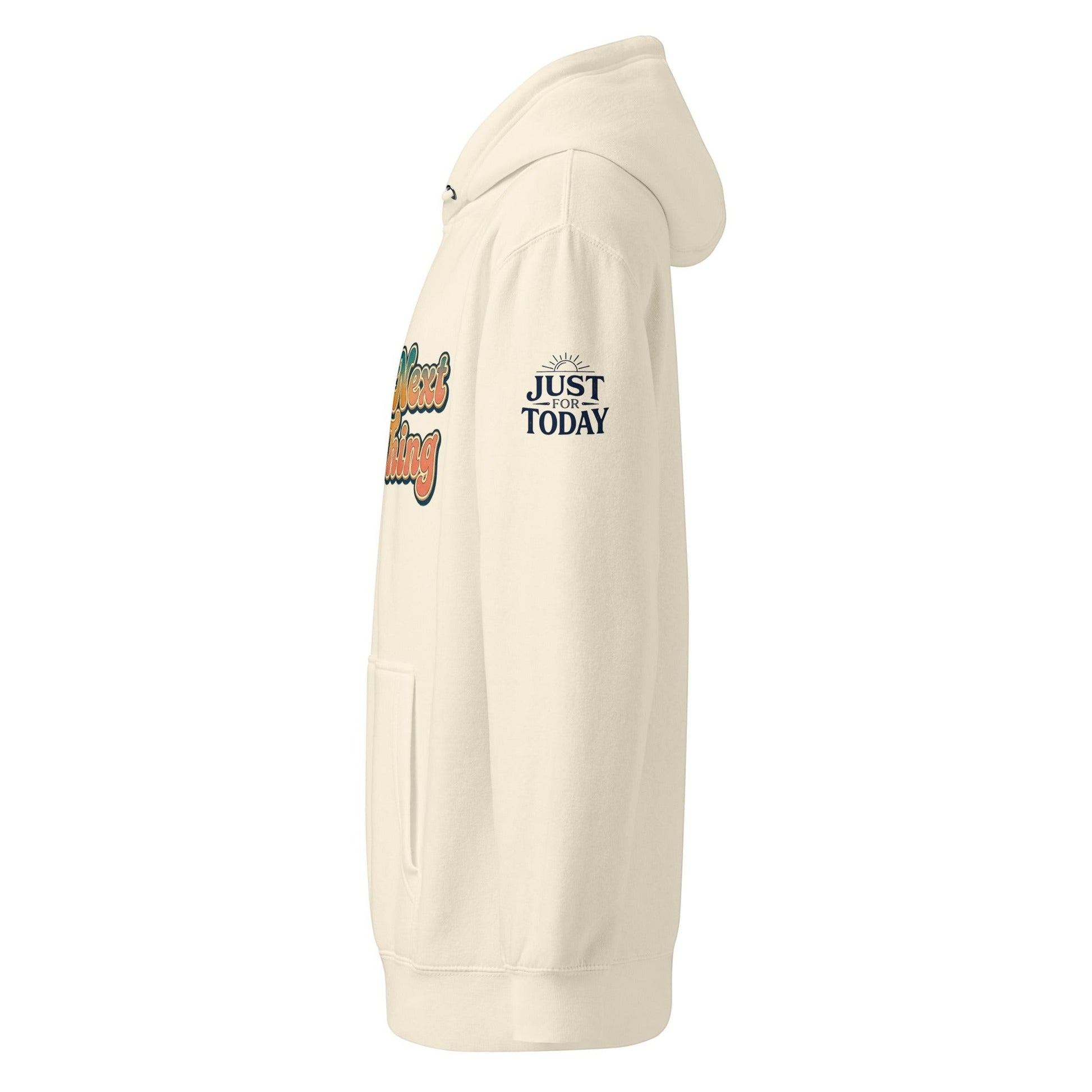 AmendsApparelCo cream cotton-polyester blend hoodie with "Do the Next Right Thing" graphic on sleeve and "Just For Today" logo.