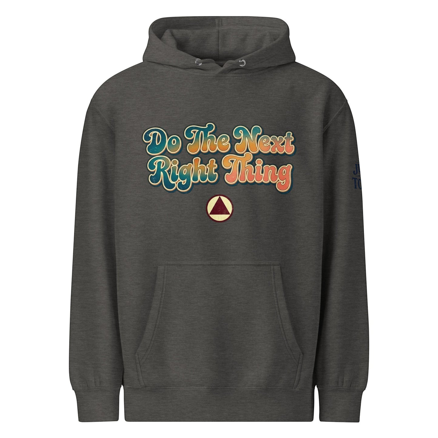 AmendsApparelCo dark grey cotton-polyester blend hoodie with retro text graphic "Do The Next Right Thing" and a triangle emblem.