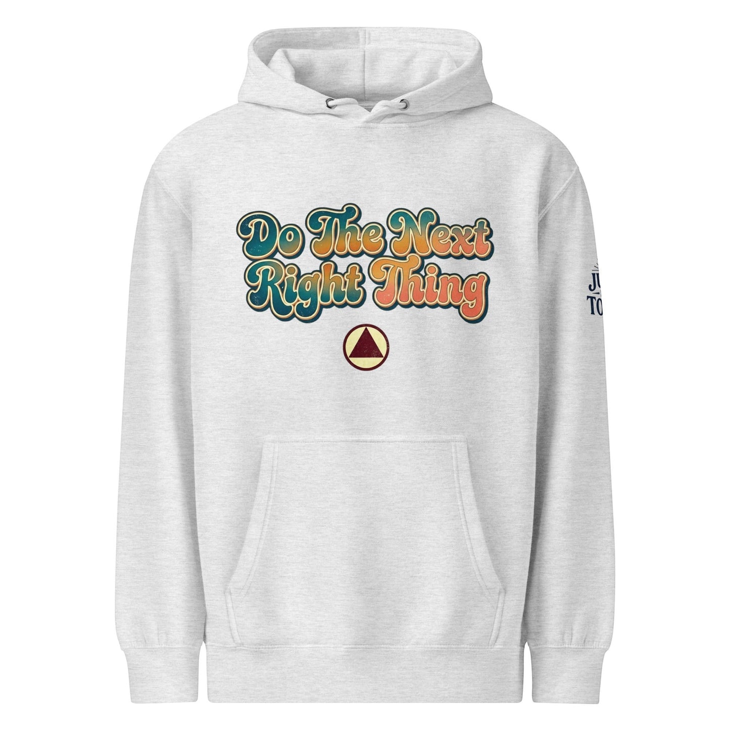 AmendsApparelCo heather grey cotton-blend hoodie with "Do The Next Right Thing" graphic and triangle logo.