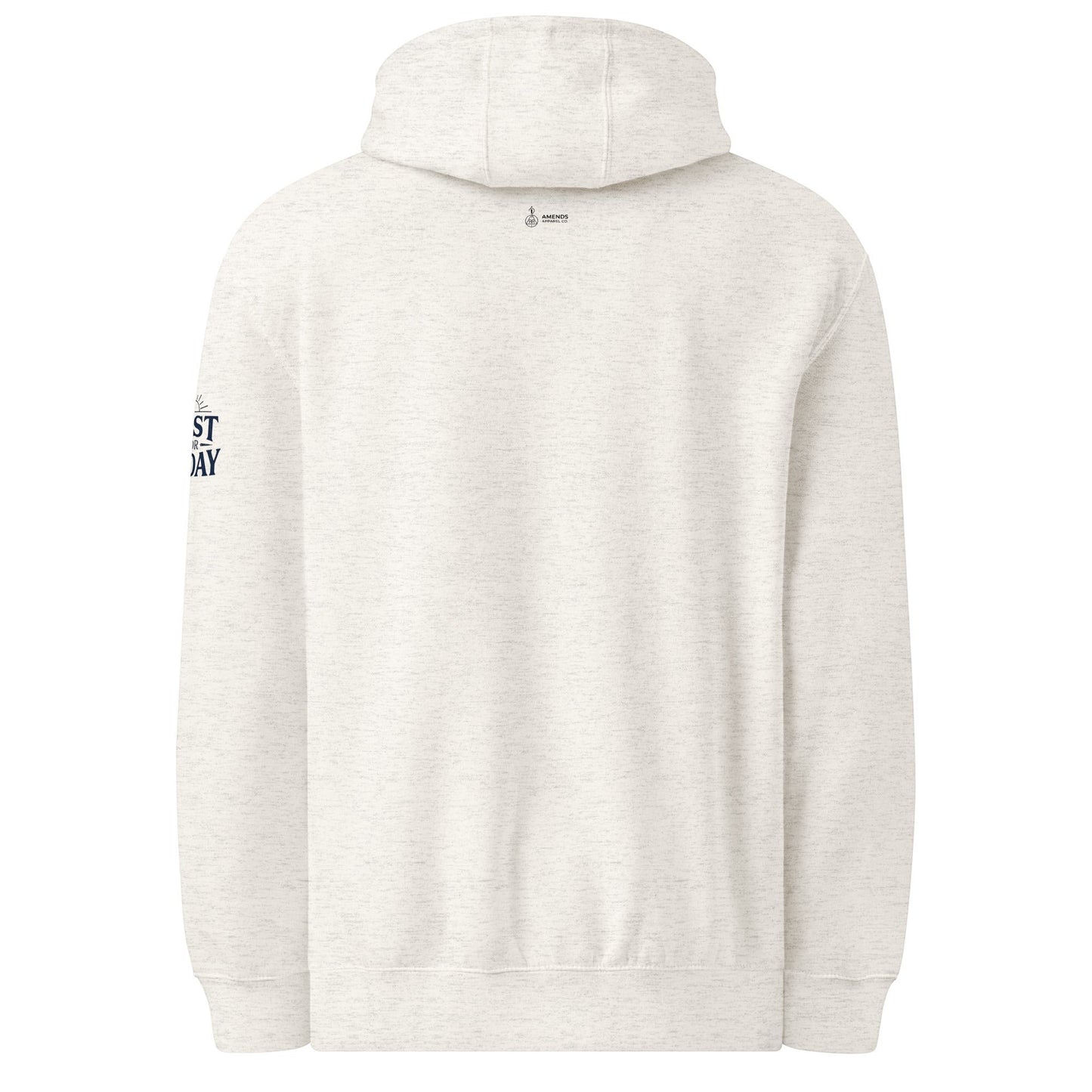 AmendsApparelCo heathered oatmeal cotton-polyester blend hoodie with "Do the Next Right Thing" graphic on sleeve.