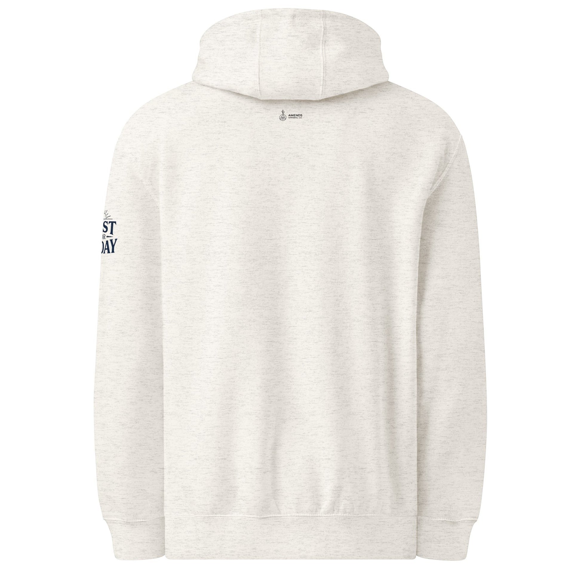 AmendsApparelCo heathered oatmeal cotton-polyester blend hoodie with "Do the Next Right Thing" graphic on sleeve.
