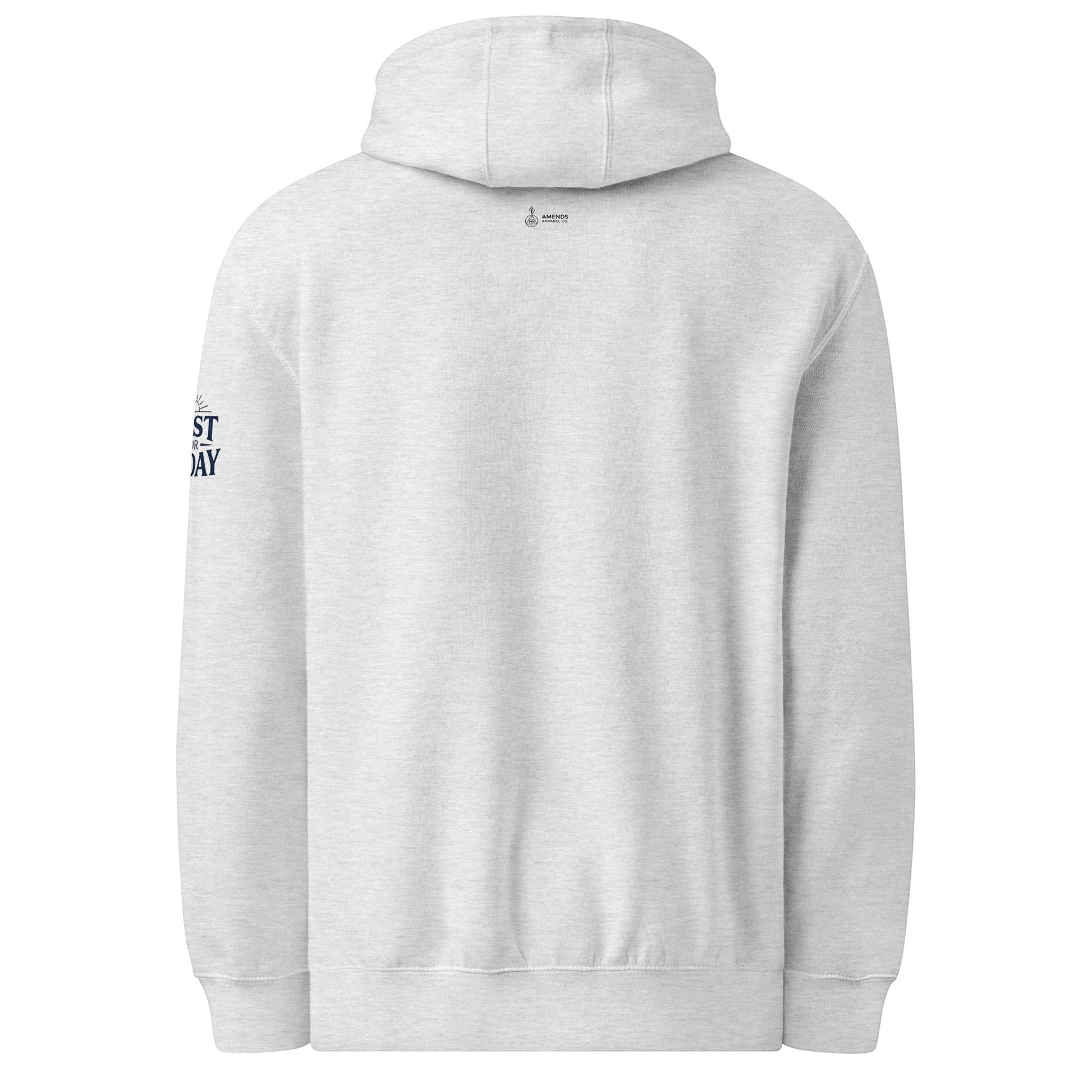 AmendsApparelCo light heather grey cotton-blend hoodie with "Do the Next Right Thing" graphic on left sleeve.
