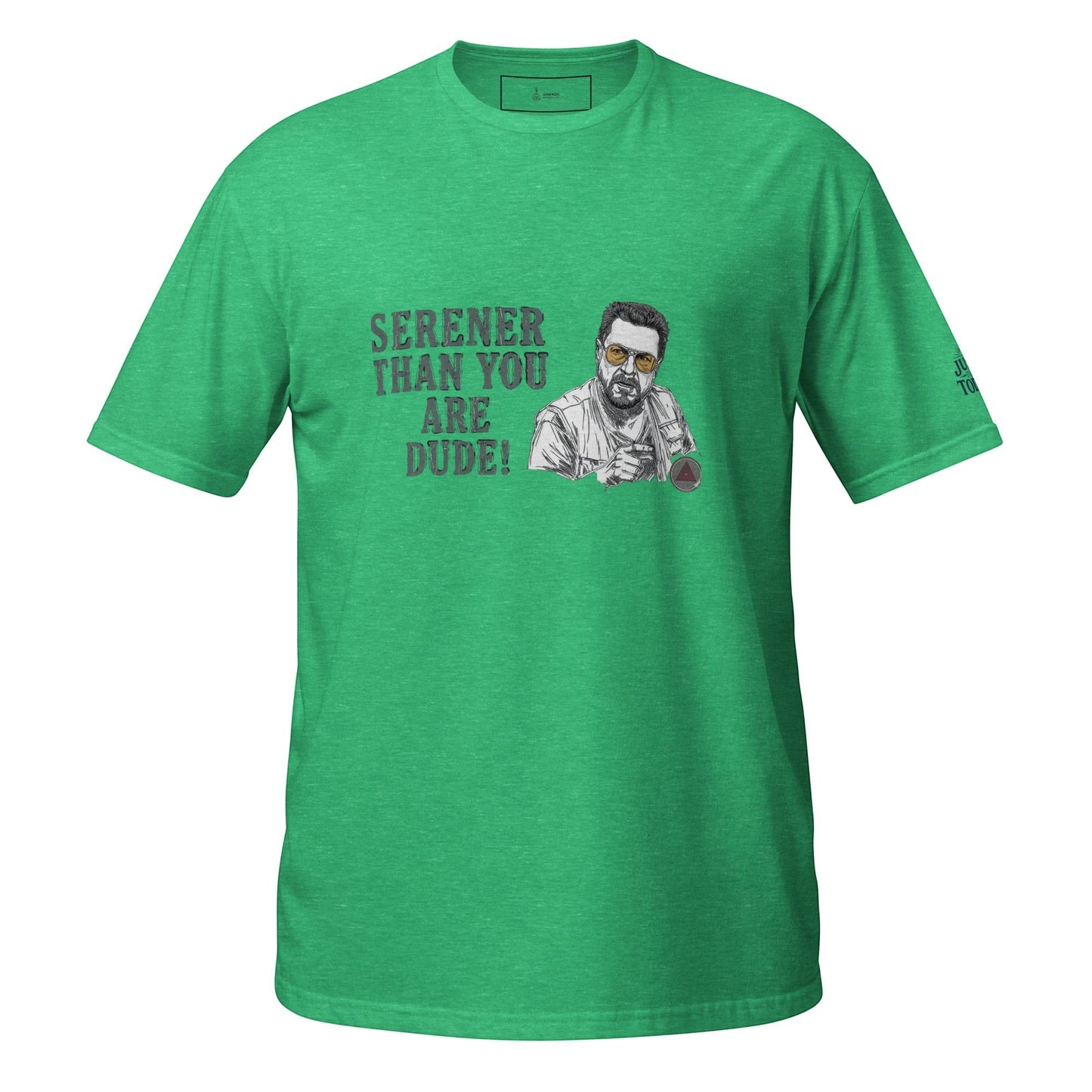 AmendsApparelCo Heather Irish Green 100% ring-spun cotton t-shirt with a graphic of Walter Sobchak and the text "Serener Than You Are Dude!"
