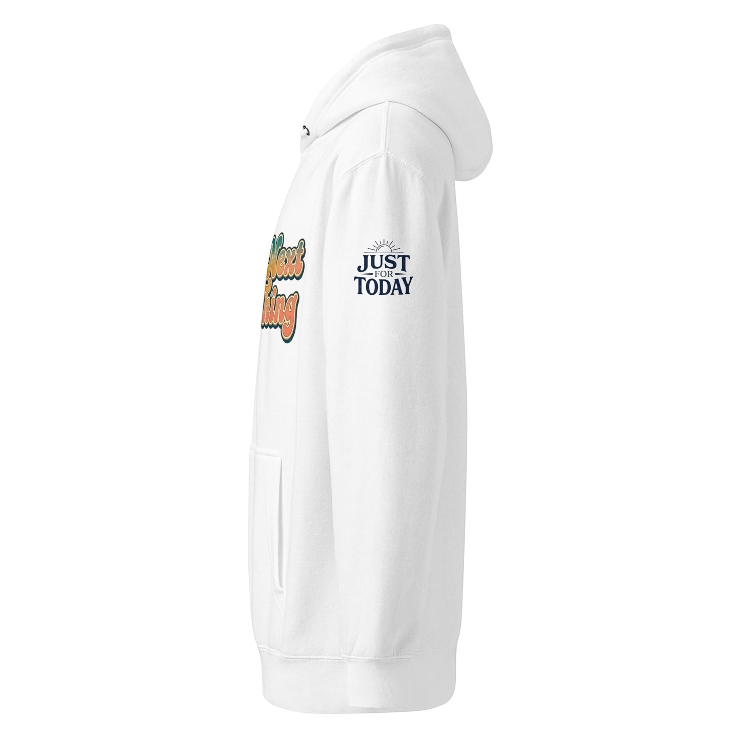AmendsApparelCo white unisex relaxed fit hoodie with "Do the Next Right Thing" graphic and "Just For Today" sleeve logo.