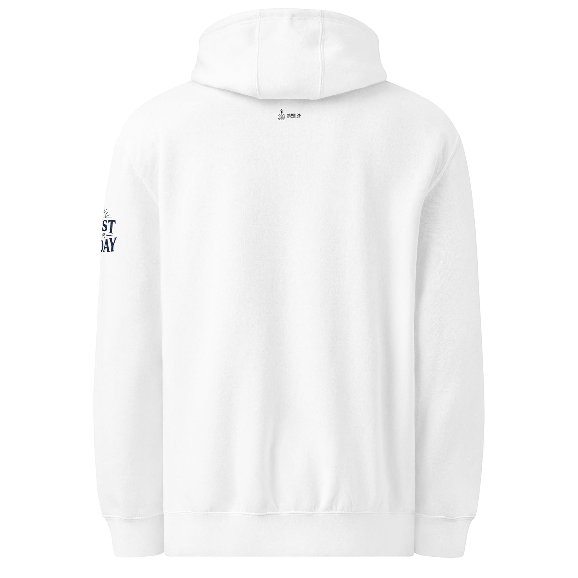 AmendsApparelCo white cotton-polyester fleece hoodie with "Do the Next Right Thing" graphic on sleeve.