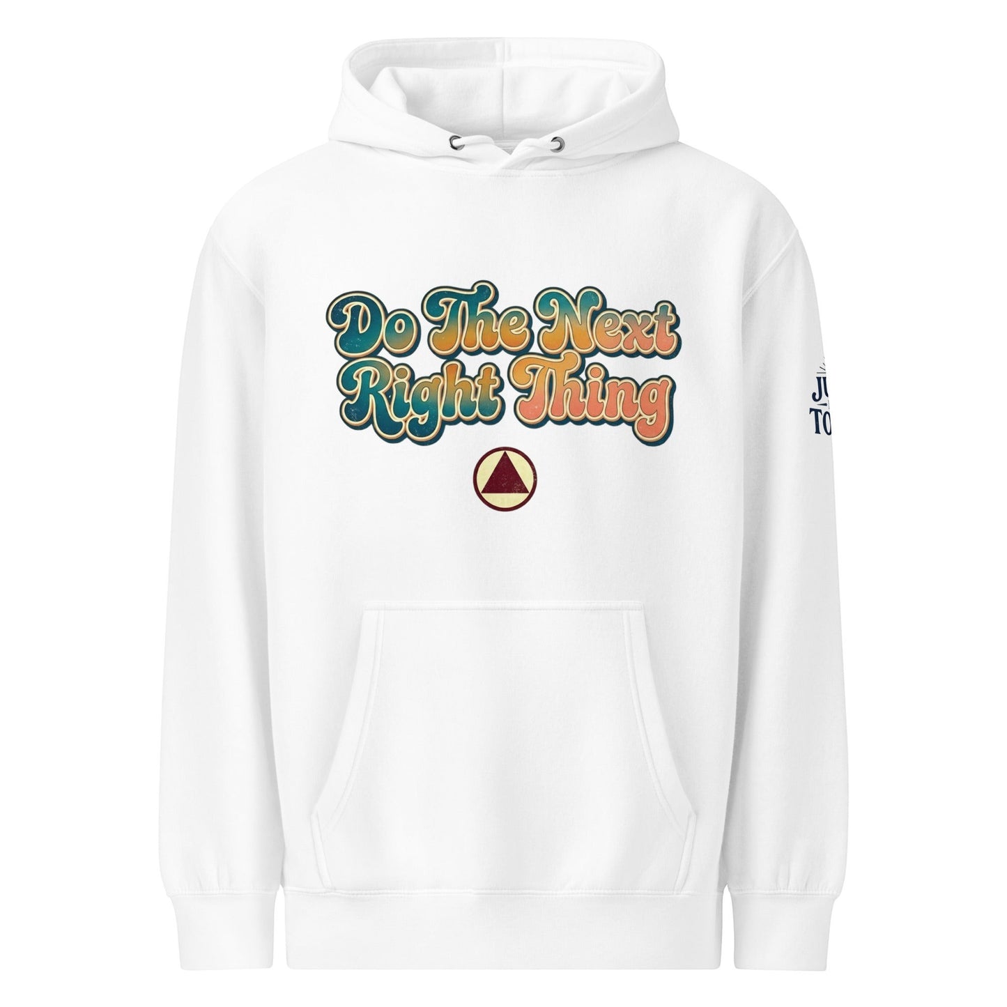 AmendsApparelCo white cotton-polyester fleece hoodie with "Do The Next Right Thing" graphic and triangle logo.